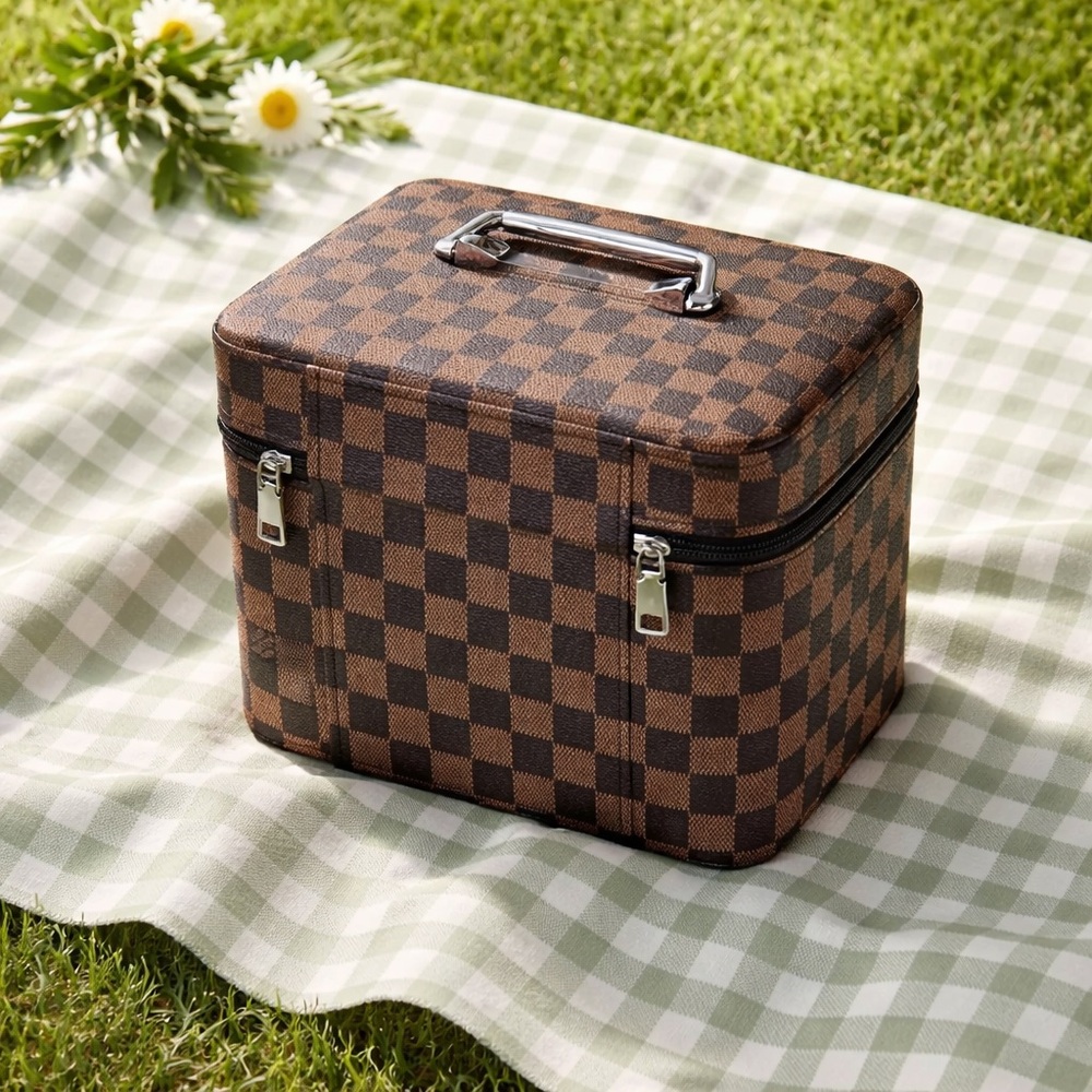 Checker Pattern Brown Train Case Makeup Bag - image 3